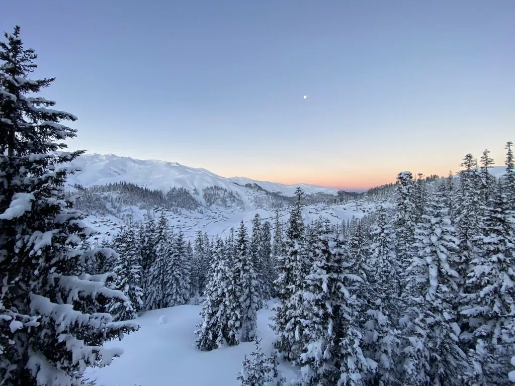 A sunrise view over forests and mountains on a cat skiing trip in Bakhmaro 