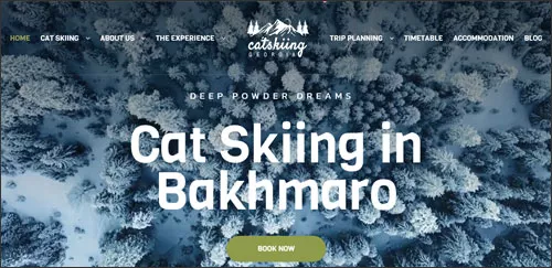 A screenshot of Catskiing Georgia website - they organise Georgia cat skiing outdoor adventure