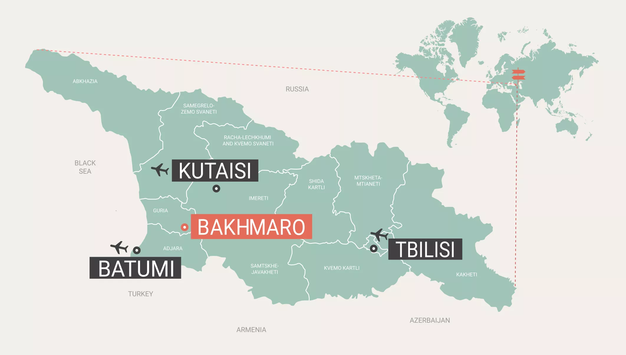 Map of Georgia showing the cat skiing destination of Bakhmaro and the airports of Kutaisi, Batumi and Tbilisi. There is also a map of the world showing Georgia's location.